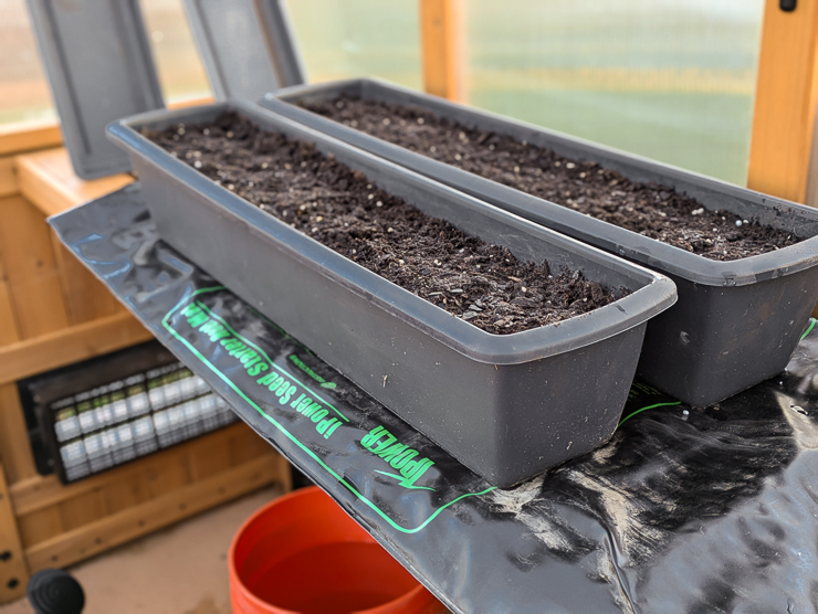 long container of soil on a heat mat