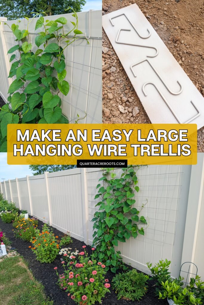 collage that says make an easy large hanging wire trellis with picture of the project