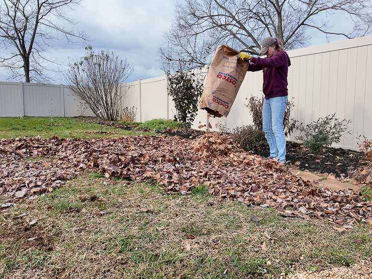 woman dumping leaves in a yard