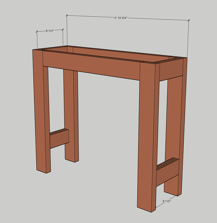 drawing file of a DIY console table with measurements
