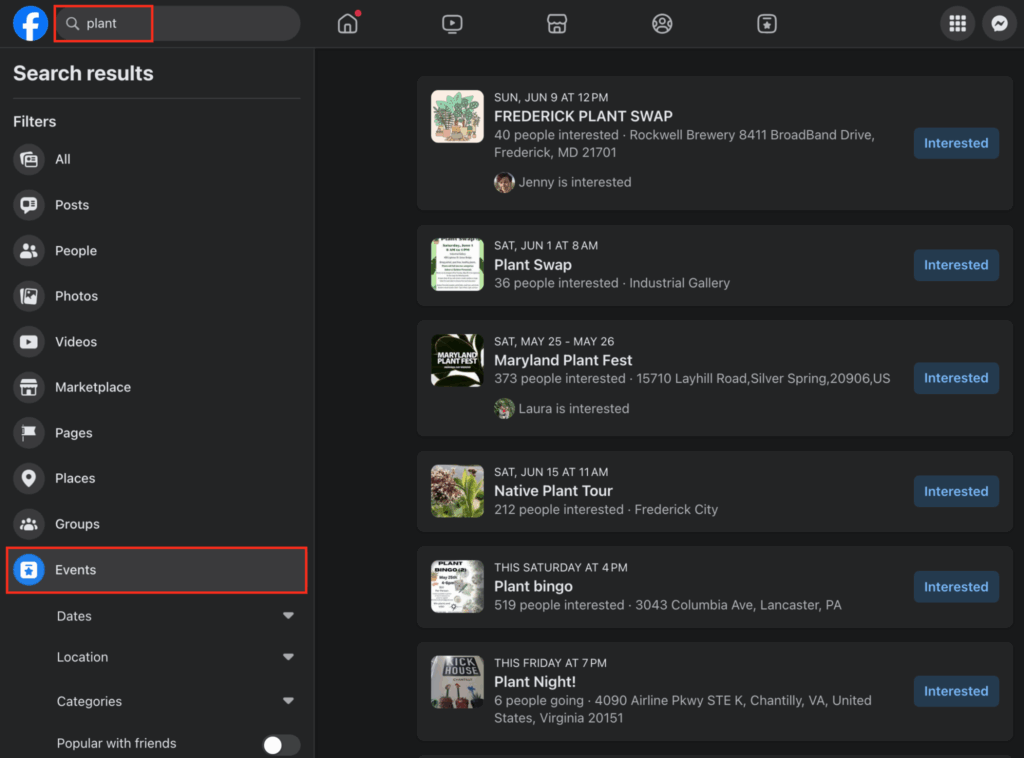screenshot of facebook events