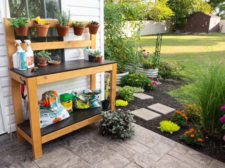 DIY potting bench on a patio