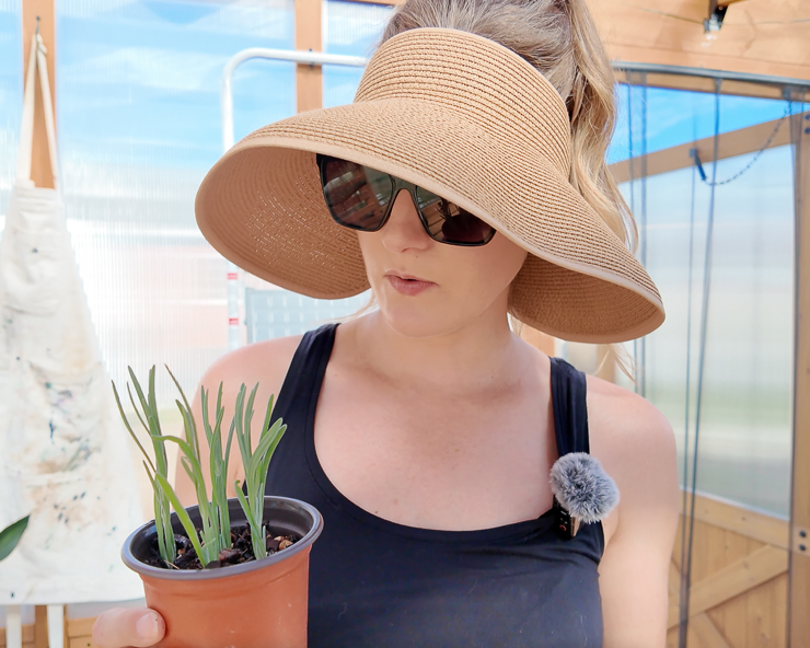 woman holding a small lavender plant