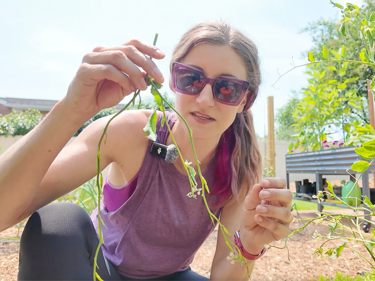woman holding an arugula stem