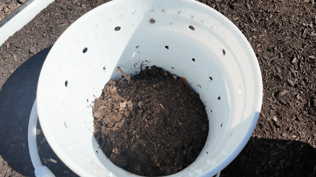 adding compost to the bucket